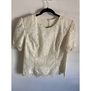 Jessica McClintock Lace Overlay Top Ivory Short Sleeve Elegant‎ Womens Size 12